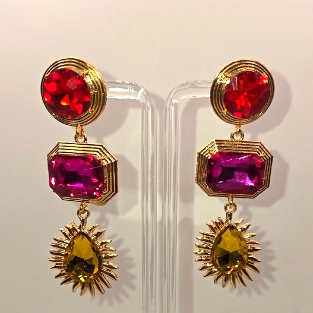 (E117) New Elegant Gold Pink Yellow and Red Drop Earrings